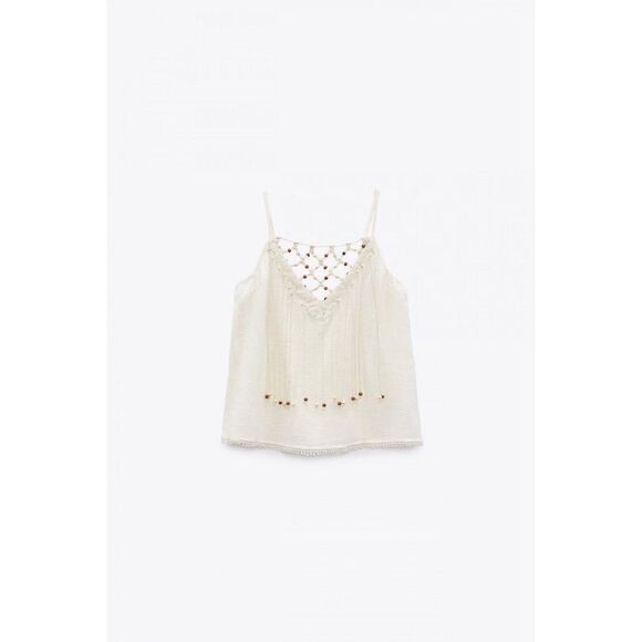 NWT Zara Beaded Macrame Knot & Fringe Cotton V-Neck Top in Ecru, Size XS - Picture 7 of 15